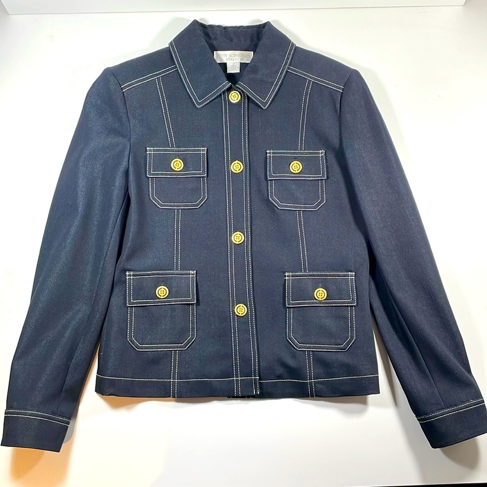 Petite Sophisticate stretch navy jacket w/contrast stitching detail Size 4